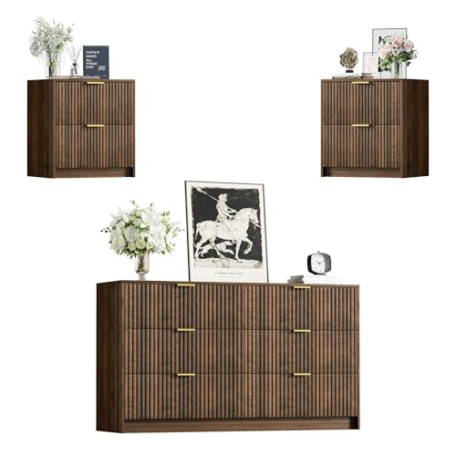 Image of Furniway 3 Piece Bedroom Set, 6 Drawer Dresser and Nightstand Set of 2 with Gold Handles, Mid-Century Modern Wood Chest of Drawers Storage Cabinet for Bedroom, Walnut