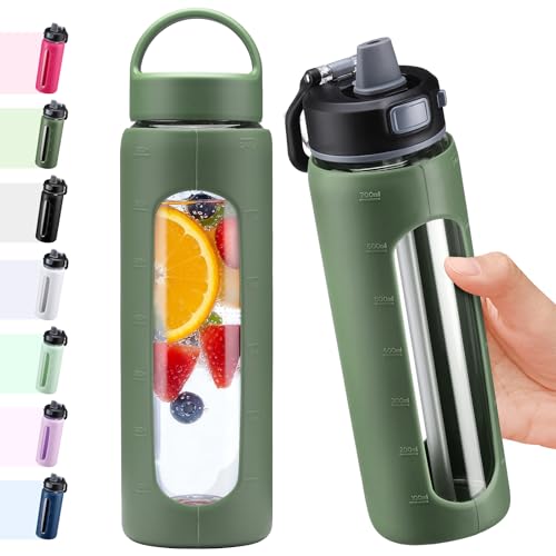 BLUEGO 700ml Bouteille d'eau verre avec 2 couvercles-Couvercle à verrouillage par simple pression et poignée Gourde réutilisable avec marquage du temps Pour voyages Maison Sport Sans BPA, Olive