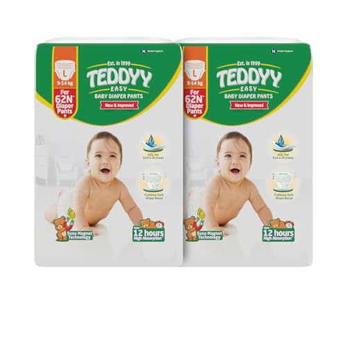 Image of TEDDYY Easy Baby L Size Diaper Pant Style | 124 Count (Large) | 9-14 kg (Pack of 2) | Long Protection Hours | Anti-Bacterial | Airy Breathable Fit | Rapid Soaker Channels with Wetness Indicator