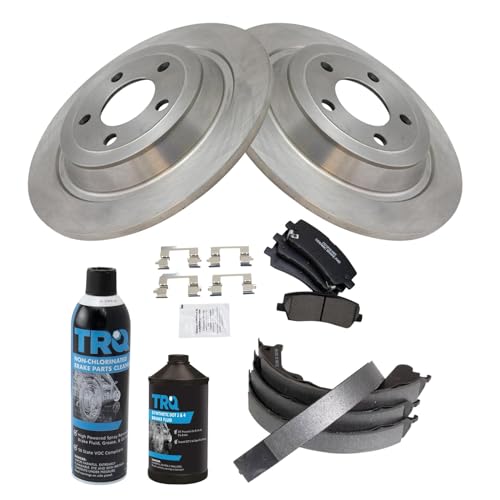 Image of TRQ Rear Brake Pad & Rotor Kit, with Chemical Kit Parking Brake Shoe Set Ceramic Compatible with 2016-2018 Ford Mustang