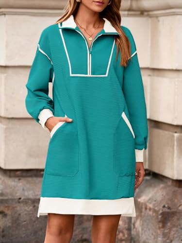 Image of Wenrine Womens Half Zip Sweatshirt Dress Fall V Neck Contrast Mini Dresses