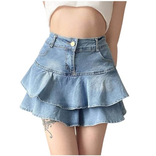 Trending Ruffle Edge Denim Skirt Retro Vintage Women's High Waist Slim Cut Mini Design Fashionable Casual