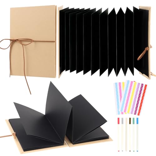 JHZMCRX Stretchable Photo Album Folding Scrapbook Album 6x8.3 inches Small Blank Photo Book DIY Scrapbook Kraft Paper Students Memory Book for Graduation Anniversary Birthday Party Decorations Black