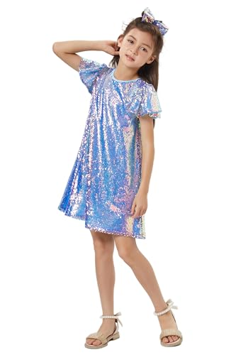 Girls Sequin Dress Shiny Short Flutter Sleeve Midi Sparkly Party Dress with Hairbow3