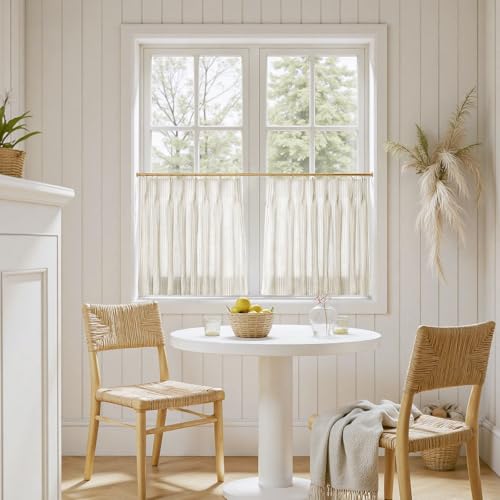 Image of TWOPAGES Pinch Pleat Cafe Curtains 24 Inch Long Ticking Stripe Light Filtering Farmhouse Half Window Curtains for Kitchen (Khaki Pinstripe, 26W x 24L Inches, Set of 2)