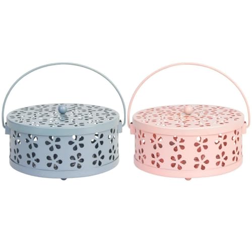 蚊取線香 ホルダー 防蚊 2個入り 香取線香 ホルダー 鉄製 蚊取線香入れ 蚊遣り器 蚊取り器 吊り下げ 蚊遣り器 トレー 蓋付き (ピンク+ブルー)