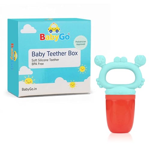 Image of BabyGo Silicone Baby Fruit Nibbler & Teether with Rattle Handle | Soft Feeding Feeder for Fruits | Easy Grip Self-Feeding Teething Pacifier & Teether for Babies 6-12 Months | Multicolour | Pack of 1