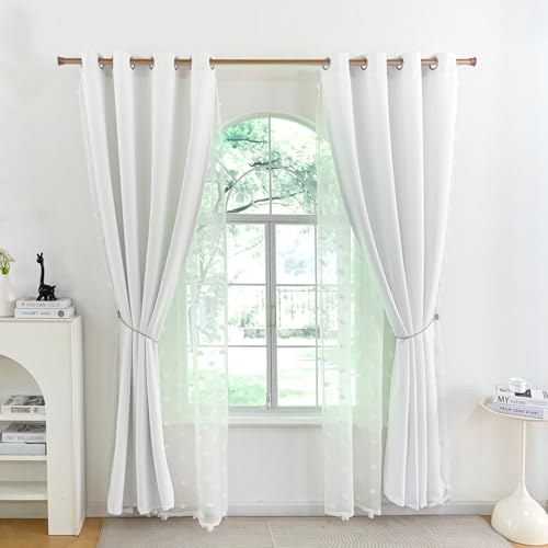 Image of Boho Pom Pom Nursery Light Block Curtains White 52x54 in | Blackout Double Layer Curtains with Pom Pom Semi-Sheer Overlay, Grommet Privacy Drapes for Toddler Bedroom Decor, 2 Panels