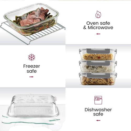 FineDine Glass Storage Containers with Lids - Leak Proof, Dishwasher Safe Glass Food Storage Containers for Meal Prep or Leftovers (Black, 24 Piece)