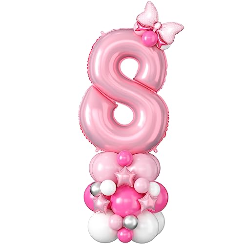Image of 40 Inch Pink Number 8 Balloon Tower 8th Birthday Decorations for Girls | Large Pastel Baby Hot Pink White Number Eight Foil Balloons Stand Set 8 Years Old Princess Eighth Birthday Party Decorations