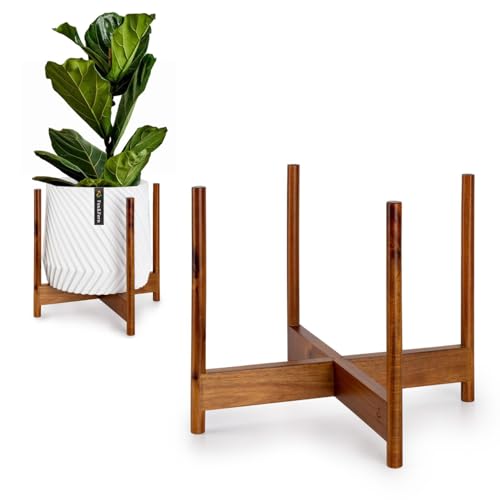 Fox & Fern Mid Century Plant Stand — 14.9 Inch Fixed Size Wooden Plant Stand for Indoor Planters (Not Included) - Extra Large Flower Pot Holder for Indoor Big Pots - Plug In Design - Acacia