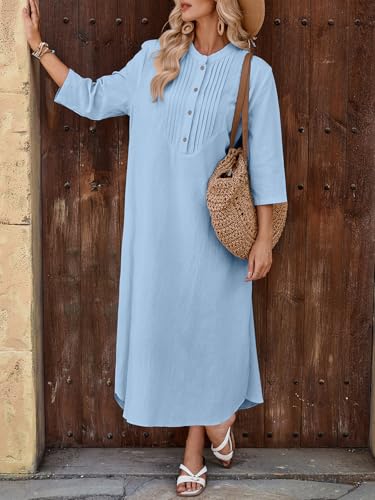 Image of Celmia Autumn Solid Loose Long Maxi Dress Cotton Caftan