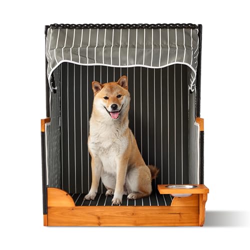 Relaxdays Hundestrandkorb Rattan mit Napf Hundesessel mit Dach HBT: 95x75x65 cm für Garten & Terrasse Holz grau