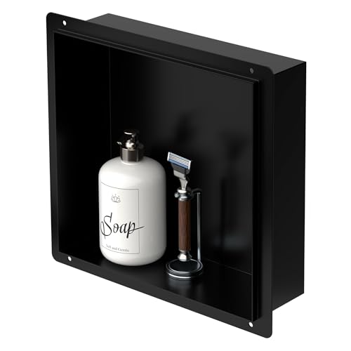 LuxeBath Nicchia a Parete senza Bordo in Acciaio Inossidabile 30x30x10 cm Nero Nicchia da Muro senza Cornice per Bagno Ripiano da Incasso senza Telaio per Doccia Contenitore per Utensili da Bagno