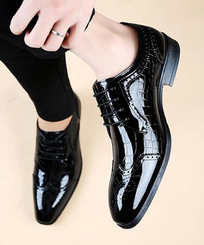 Men's Patent Leather Wingtip Oxfords Lace Up Dress Square Toe Shoes Retro Round Toe Tuxedo Shoes for Prom Wedding Business4