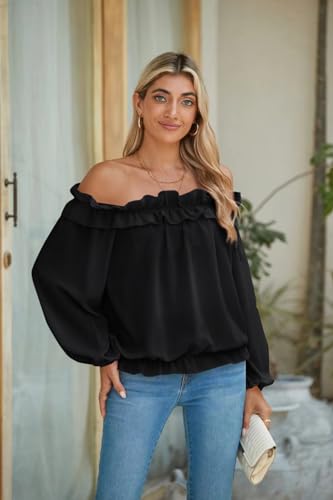 Womens Casual Off Shoulder Tops Long Sleeve Ruffle Flowy Chiffon Blouses Shirts3
