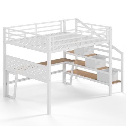 Image of Bellemave Queen loft Bed with Movable Desk and Storage Stairs, Shelves, Metal Loft Beds with LED Lights, USB Ports, Multifunctional Iron Nets for Adults, Kids, Teens, White