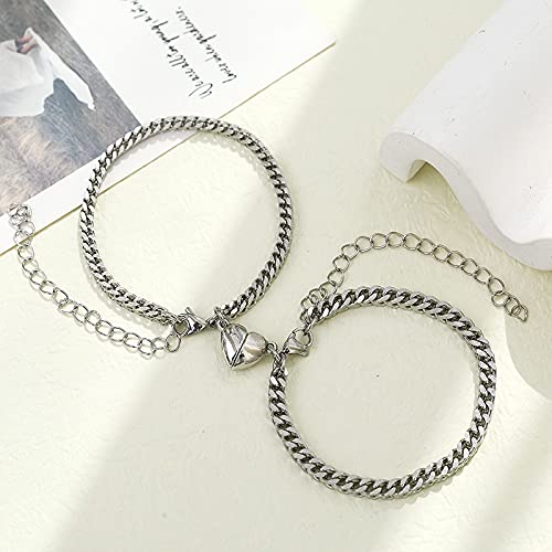 Mifynn 2Pcs Magnetic Couple Bracelets Set Cuban Chain Bracelet Magnetic Peach Heart Bracelet Pinky Promise Couples Bracelets For Boyfriend Girlfriend Gifts (Silver) #TOP7
