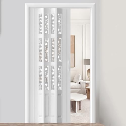Puerta Acordeón Puerta Corredera Plegable Magnética para Sala de Estar, Puerta Plegable Blanca con Estampado de Hojas de Arce, Puertas Divisorias Decorativas de Acordeón para Interiores(78x80in (198x2