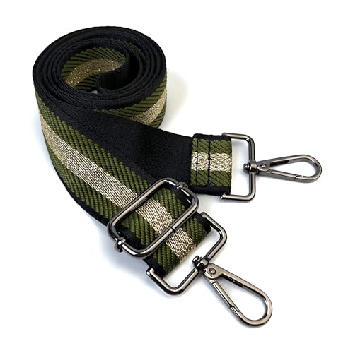 Image of Black Green Gold Thread Stripe Purse Strap with Gunmetal Black Hardware 1-1 /2 Inch Wide Replacement Crossbody Guitar Style Shoulder Strap for Handbags Totes
