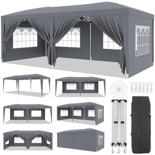 GarveeMore Heavy Duty Pavillon 3x6 m Mit 6 Abnehmbaren Seitenwänden, Easy Pop Up Kommerzielle Partyzelt, Große Außenüberdachungen Mit 3 Verstellbaren Höhen, Dunkelgrau, 210D