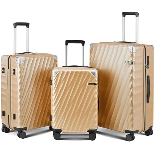 Luggage sets 3 piece with Spinner Wheels, PC Hard Shell Travel Luggage, Carry On suitcase with TSA Lock,YKK Zippers,Charcoal Metallic (Gold, 3 Piece Sets(20/24/28))