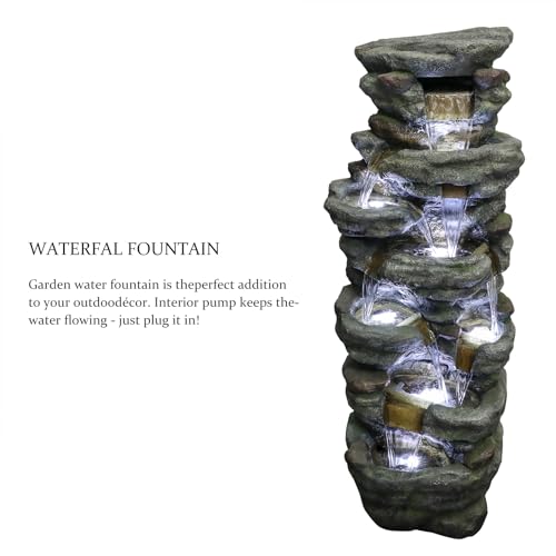 Image of SunJet 51 inch High Multi-Tiers Cascading Rock Outdoor Water Fountain with LED Lights - Large Outdoor Fountains and Waterfalls for Garden or Patio, Yard, and Deck Decor, Featuring Natural Stone Look