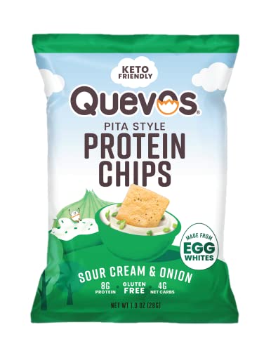 Quevos Protein Chips - The Original Low Carb Protein Chips made with Egg Whites, Crunchy Flavorful Protein & High Fiber Snacks, Keto Friendly, Diabetic & Atkins Friendly, Gluten Free, Low Carb Chips - Sour Cream and Onion, 1 Oz (Pack of 12)