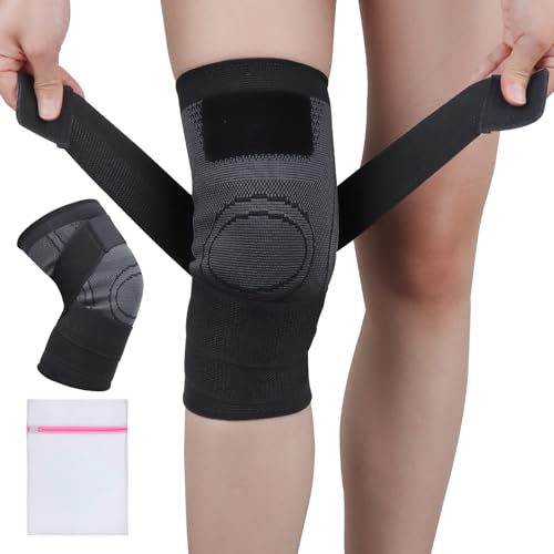 MOTIBACK Knee Support with Gel Pads and Side Stabilizers, Compression Knee Brace for Men and Women, Joint Protection for Running and Workouts - Large, Black with Laundry Bag