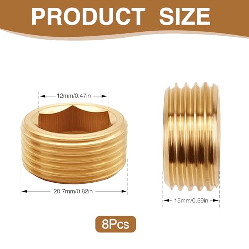 8 Stück Blindstopfen, 1/2 zoll Verschlusskappe Messing Blindstopfen 1/2 zoll Innensechskant Stopfen Wasserleitung für Abdichten von Fugen und Rohren mit Rohmaterialband