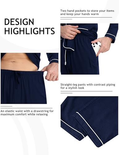 MoFiz Mens Pajama Set Soft Cotton Button Down Notched Collar Pjs Long Sleeve 2 Piece Sleepwear Lounge Nightwear with Pocket4