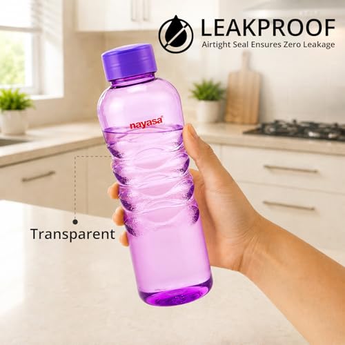 Image of Nayasa Revello 1000 ML Pet Plastic Fridge Water Bottles Set of 6 | BPA Free | Leak Proof | Airtight Lid | Purple