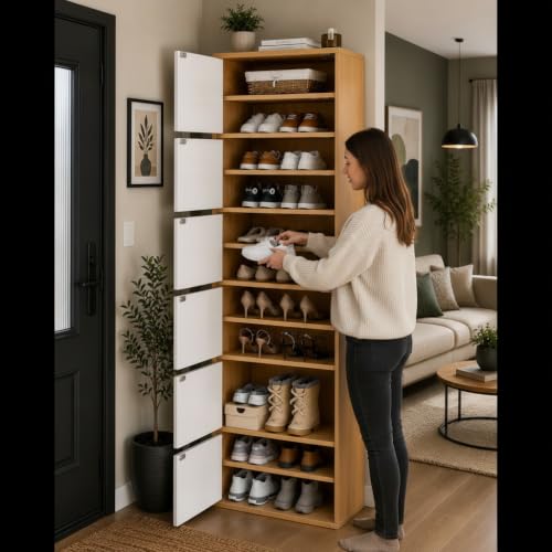 Image of EXVITO Modern Tall Shoe Cabinet, Wooden Flip Door Shoe Storage Cabinet, 6-Door Narrow Entryway Shoe Organizer with Multi-Tier Shelves, Space Saving Shoe Rack for Hallway, Apartment & Home - Maple