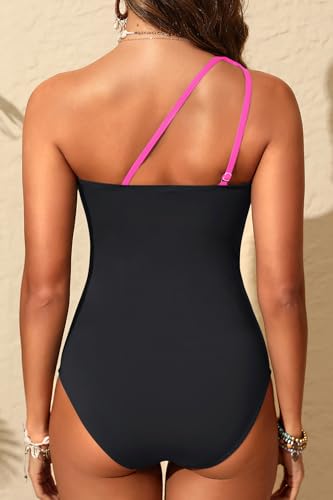 Image of Womens One Shoulder One Piece Swimsuit Mesh Ruched Tummy Control Swimwear | Full Coverage Bottom, Adjustable Strap Custom Fit, Removable Cups, Cutout Mesh Inserts, Slimming Ruched Effect, Vacation