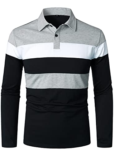 HOOD CREW Men’s Long Sleeve Shirts Fashion Color Block Striped Polo Shirt2