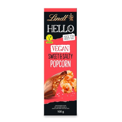 Lindt Schokolade HELLO Vegan Sweet'n Salty Popcorn | 100 g Tafel | Vegane Schokolade mit Haferdrink | Mandelmark und Mais-Popcorn-Stückchen | Schokoladentafel | Schokoladengeschenk