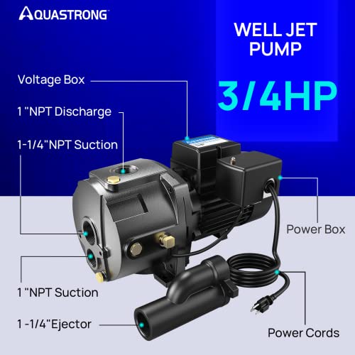 Aquastrong 3/4Hp Shallow/Deep Well Jet Pump, 1437Gph, Cast Iron, Well Depth Up To 25Ft/90Ft, 115V/230V Dual Voltage, Automatic Pressure Switch #TOP3