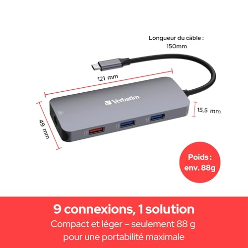 Verbatim USB C Pro Multiport Hub 9 Port CMH 09 - vue 6