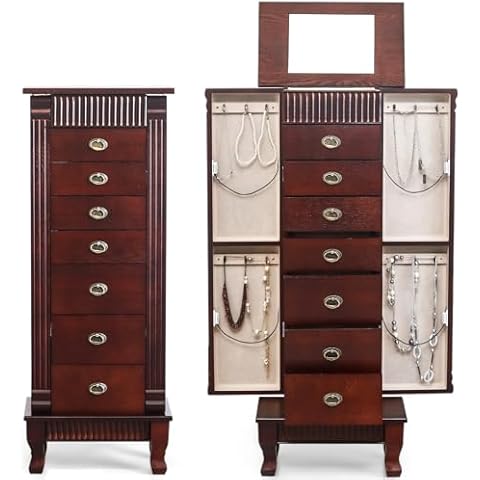 AVAWING Standing Jewelry Cabinet Armoire with Top Flip Mirror, 7 Drawers & 12 Necklace Hooks, Jewelry Box Storage Organizer with 2 Side Swing Doors, Bedroom Jewelry Armoire (Reddish Brown) Cover