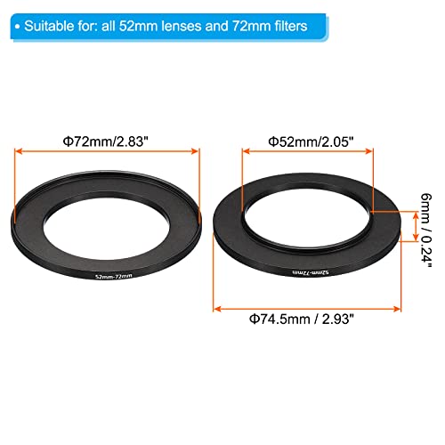Image of PATIKIL 52mm-72mm Metal Step Up Ring, 2 Pack Camera Lens Filter Adapter Ring Aluminum Filter Adapter Ring for Camera Lenses Hood, Black
