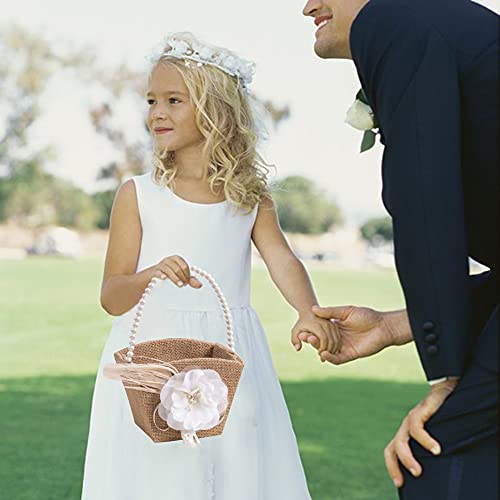 Rustic Flower Girl Basket Burlap Jute Basket with Pearl Handle For Vintage Wedding Ceremony - Thumbnail 7