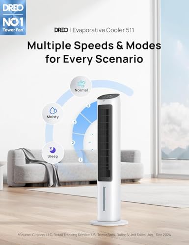 Image of DREO Tower Fan for Bedroom, 40 inch Cooling Fans That Blow Cold Air, Evaporative Air Cooler with 80 Oscillating, Removable Water Tank, Remote Control, 3 Modes 4-Speed, Quiet Floor Fan, White and Black