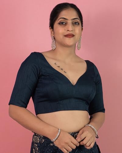 Image of FIGURE'S DESIGNER Women's Dupion Raw Silk Half Elbow Sleeves Sweetheart V Neck Sabyasachi Cut Readymade Saree Blouse S10