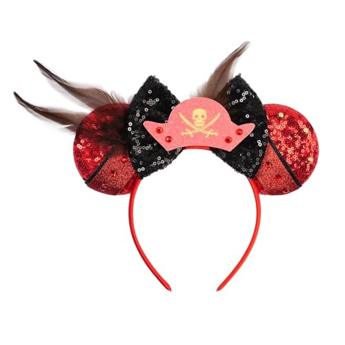bianbaistar Pirate - Inspired Red Sequin Mouse Ear Headband with Black Sequin Bow & Feathers - Halloween, Cosplay & Theme Park Essential