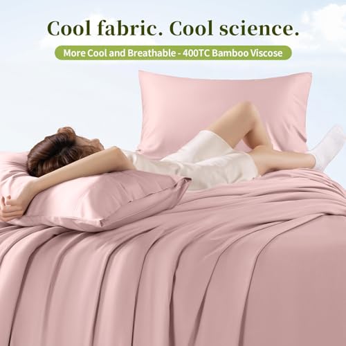 Shilucheng 100% Viscose Derived from Bamboo_ Sheets Queen Size 4pcs - Ultra Cooling & Silky Soft Bed Sheets, 16" Deep Pocket, Perfect for Hot Sleepers, Hotel Bedding Sheets (Light Pink)
