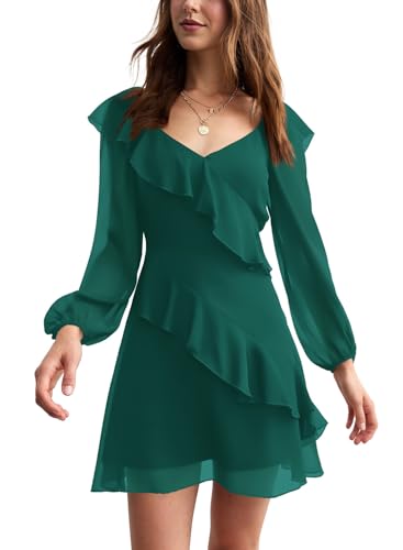 liher Womens Fall Dress Mesh V Neck Sheer Long Sleeve Ruffle Trim Cocktail Party Club Mini Dresses