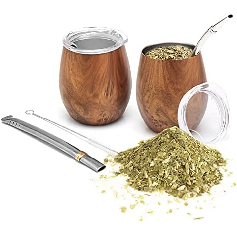 BALIBETOV Yerba Mate Set (Stainless Steel Mate Gourd, 8 oz), Includes 2 Bombillas, 2 Lids, Cleaning Brush Cover