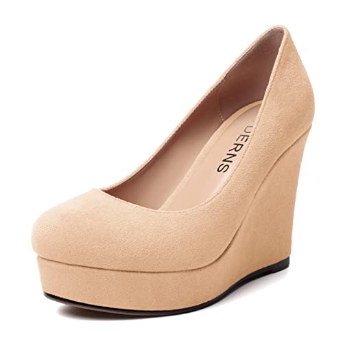 WAYDERNS Womens Platform Evening Suede Slip On Dress Solid Round Toe Wedge High Heel Pumps Shoes 4 Inch