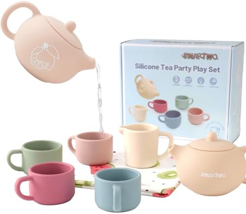 Smartwo Teeservice Kinder aus Silikon Lebensmittelecht mit 4 Tassen | Teeset Spielzeug für Rollenspiel, Kinderküche Spielküche Matschküche Zubehör, Geschenk für Mädchen ab 1 2 3 Ja