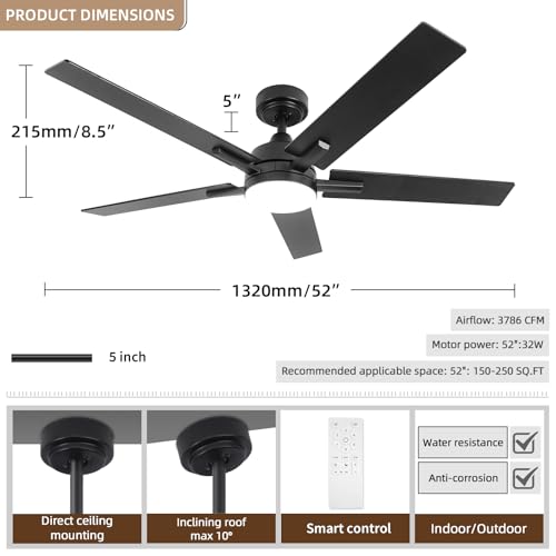 Image of 52 Inch Black Ceiling Fans with Lights, Outdoor Ceiling Fan